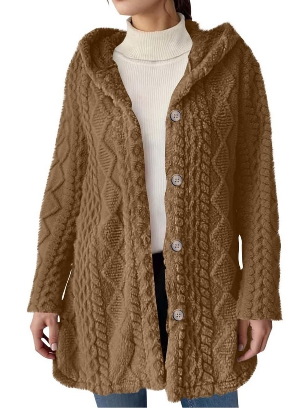 Women's Hooded Cable-Knit Teddy Bear Fleece Sweater Coat in Brown size medium